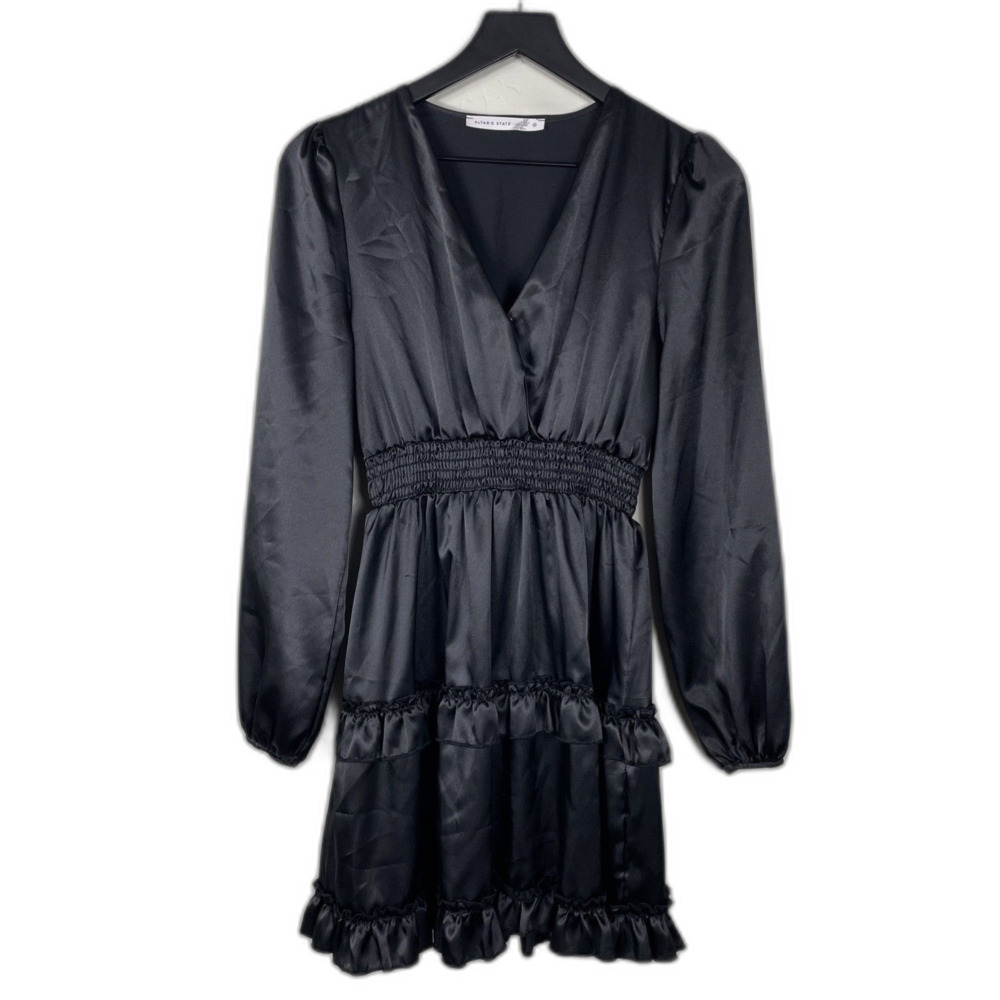 Altar'd State Size S Ruffle Black Ruched Waist Long Sleeve V-Neck Dress Satin